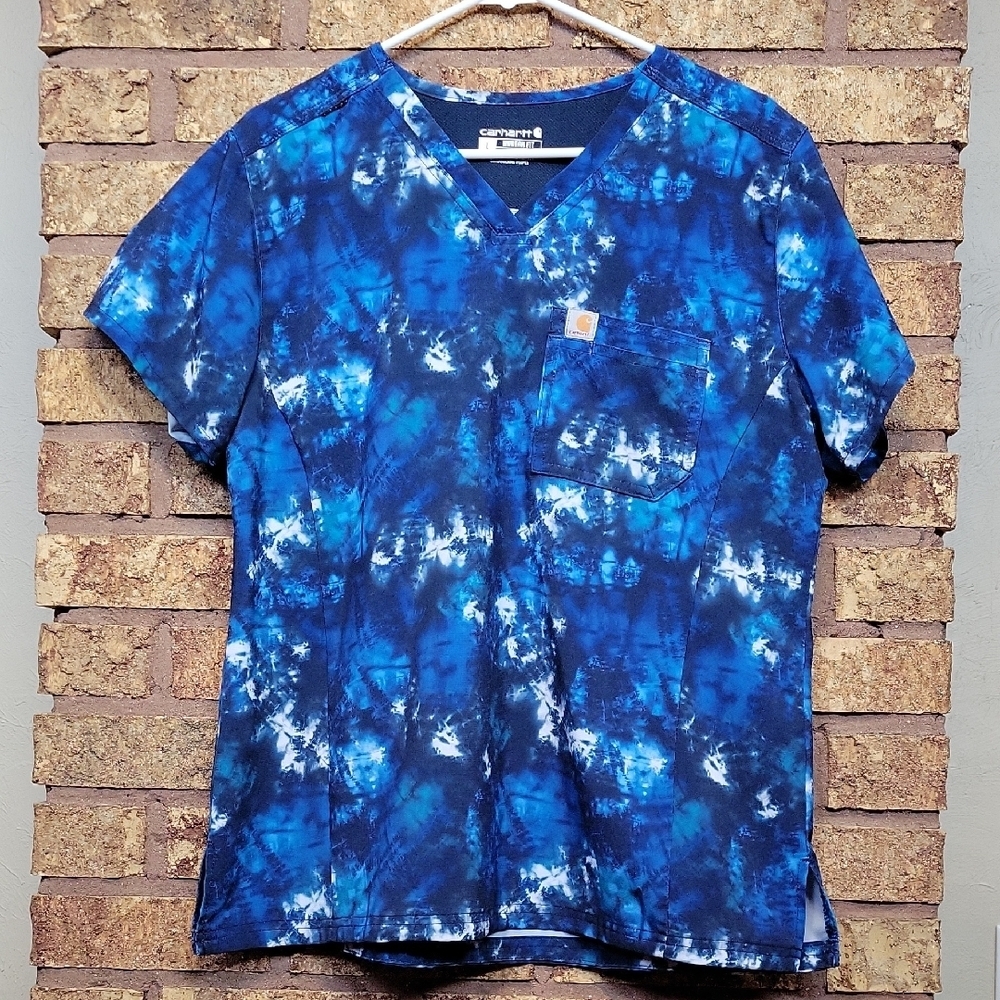 Carhartt Women's Scrub Top Blue Tie-Dye Short Sleeve Size Large